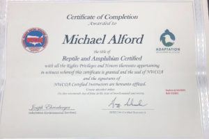 certification stating that Michael Alford is now Reptile and Amphibian certified by the National Wildlife Control Operators Association